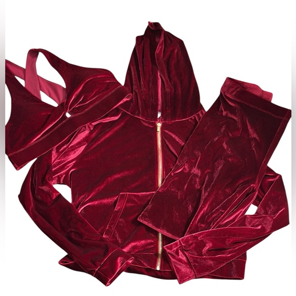 Fabletics Pants - A387 FABLETICS 3 PC SET Velour Sports Bra Leggings Jacket Cherry Maroon Sz XL